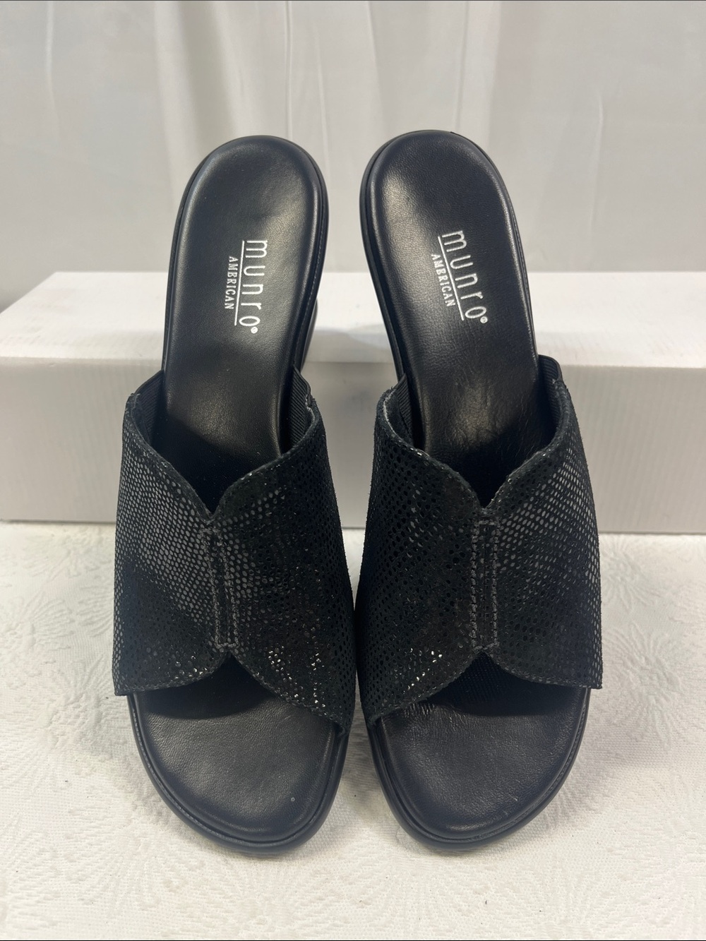 Munro Black Slip-On Mules with Textured Upper